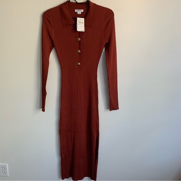 GOOD‎ AMERICAN Polo MIDI DRESS Ribbed BRICK Slit - Picture 4 of 11